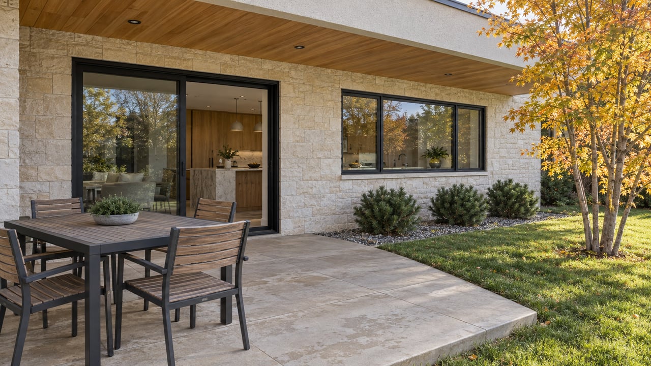 Covered stone patio beside a limestone and stucco home, with black-framed kitchen glazing and an autumn maple beside the lawn.