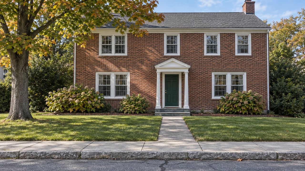 Brick center-hall house with white windows, a green front door, autumn maple and a concrete walk across the front lawn.