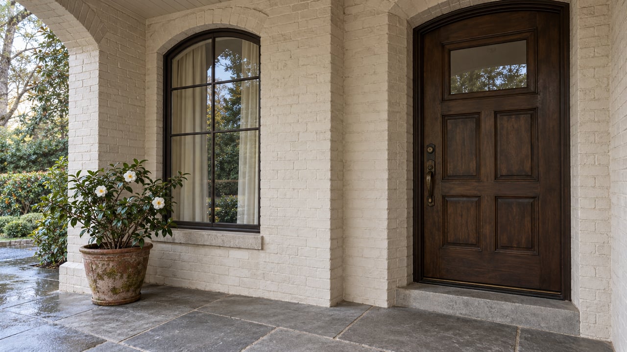 Covered painted-brick entry with a dark oak door, arched window, worn limestone landing, and a white-flowering camellia in a terracotta planter.