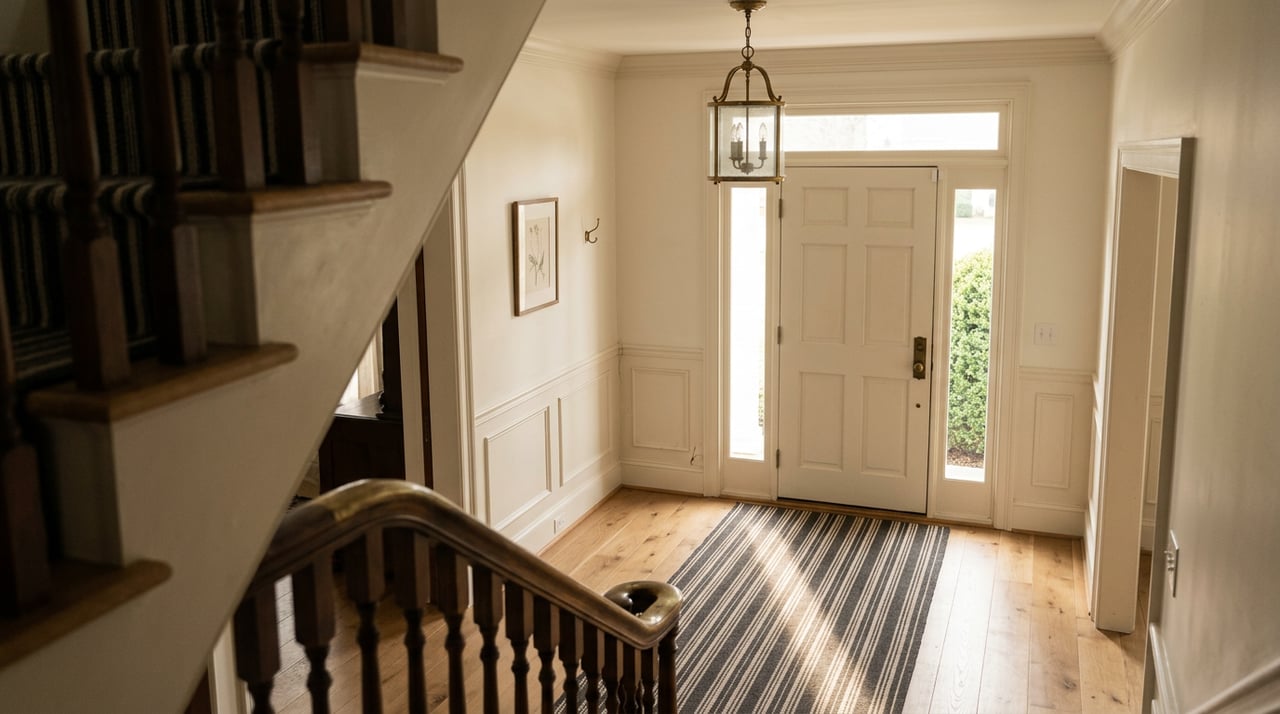 Paneled entry hall with brass lantern, striped runner, and sunlight through the glazed front door.