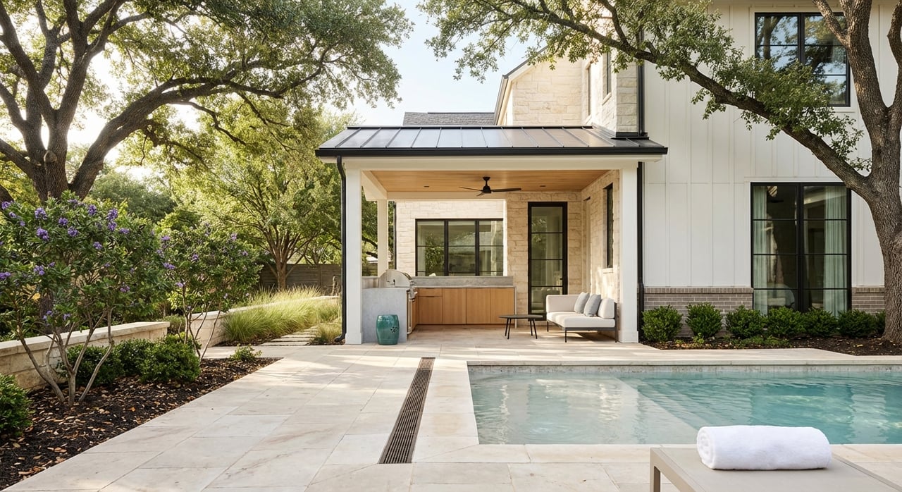 Stone patio beside a pool leads to a pavilion with white siding beneath mature live oaks.