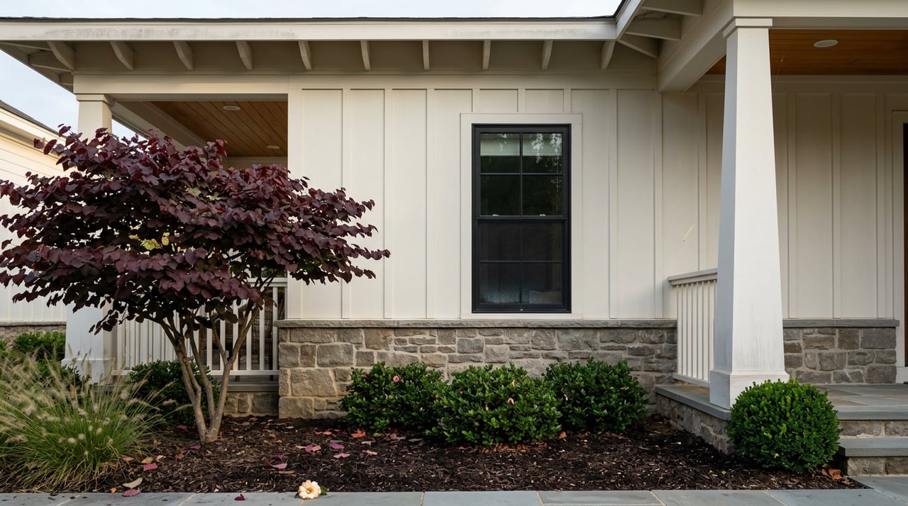 Farmhouse corner with stacked stone, white board-and-batten siding, black divided-lite window, and burgundy redbud.