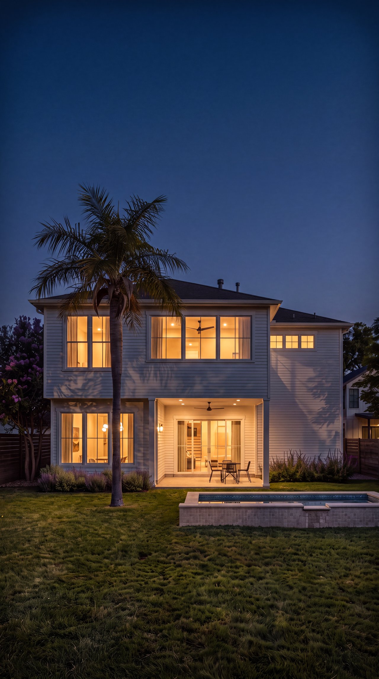 Two-story home at dusk with glowing windows, a palm tree, covered patio, and pool.
