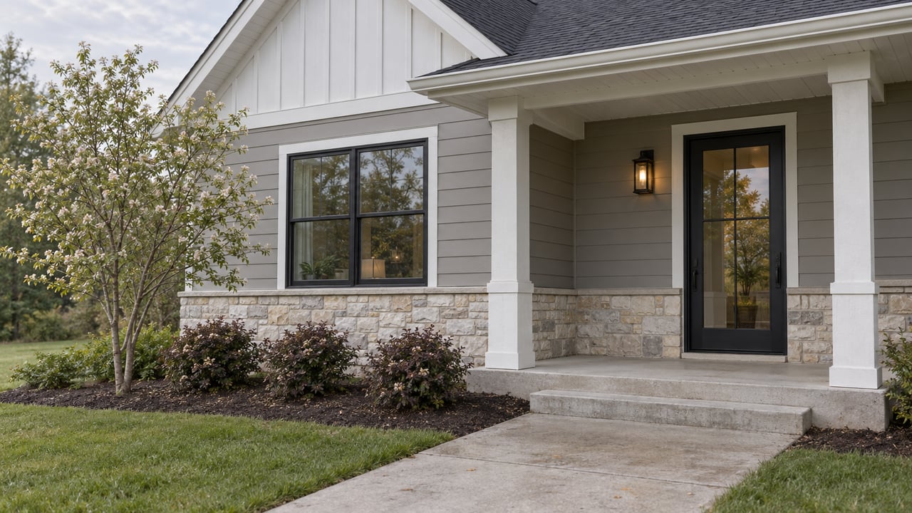 Suburban home with a glass entry door, black-framed window, limestone base, and young trees beside the concrete walk.