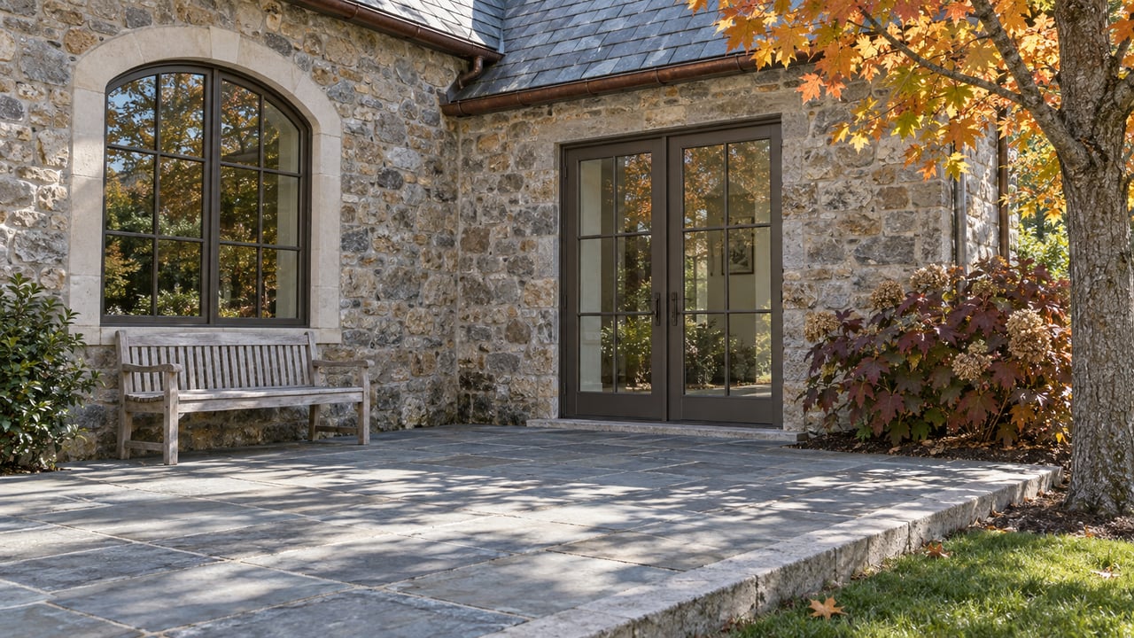 Autumn light on a fieldstone home's arched window, paired glass doors and bluestone terrace beside a mature maple.