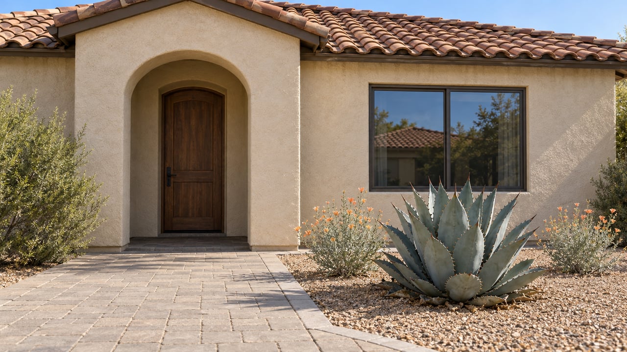 Beige stucco home with a recessed arched oak entry, clay tile roof, gray paver approach and blue-gray agave in a gravel planting bed.