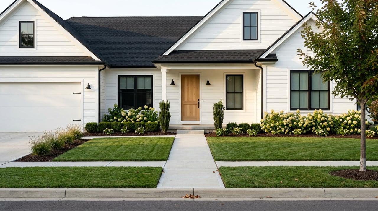 Modern farmhouse with premium landscaping in late-day light.