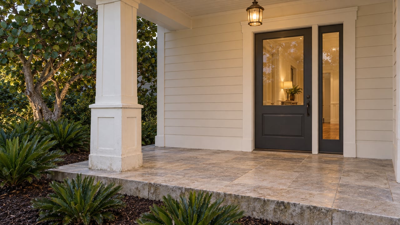 Covered veranda with an illuminated bronze lantern, glazed charcoal entry door, pale limestone paving and sea grape foliage.