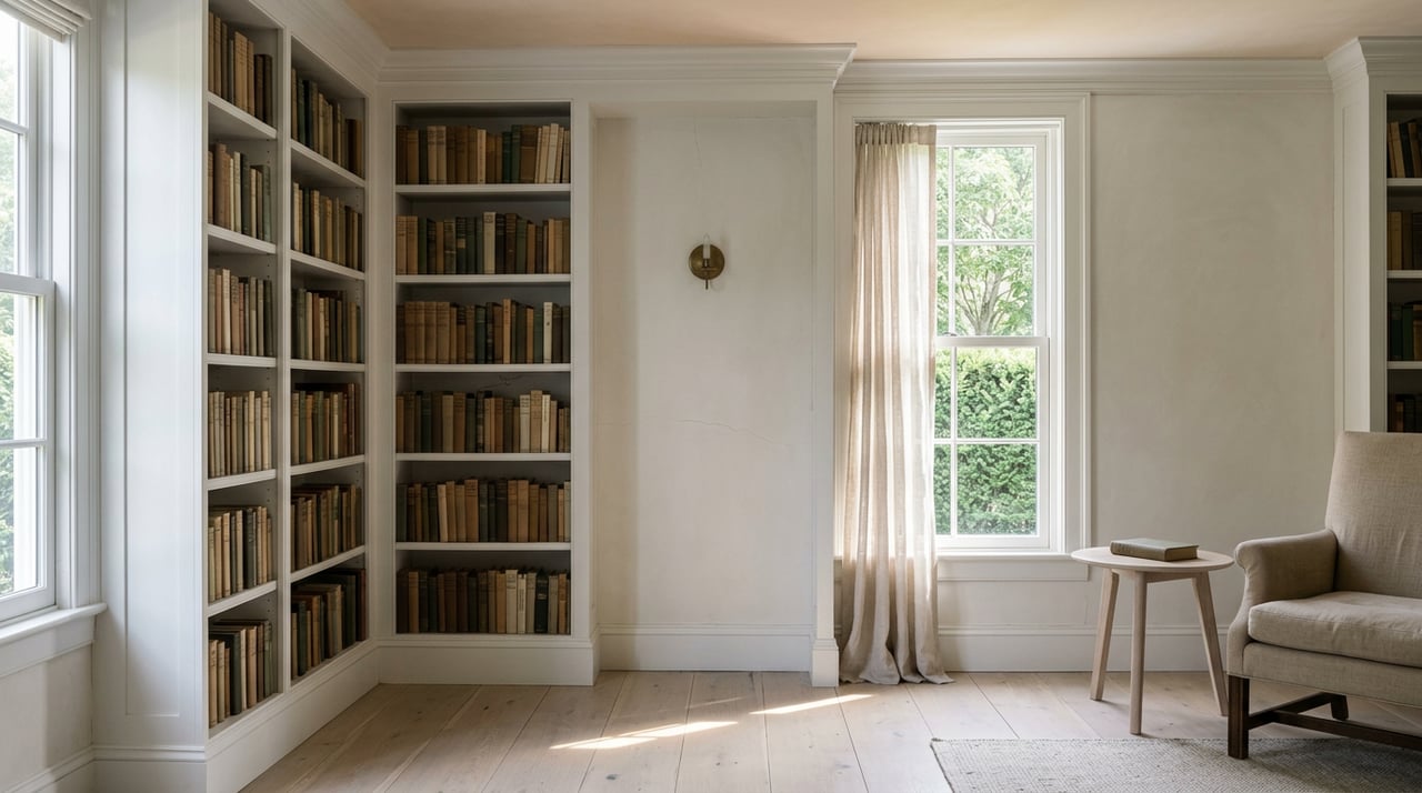 Library corner with a book-filled built-in, linen reading chair, brass sconce, and sunlit window overlooking a hedge.