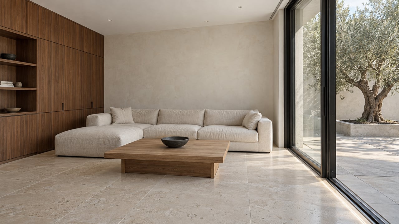 Contemporary living room with walnut cabinetry, an ivory sofa, and sliding glass doors overlooking an olive tree.