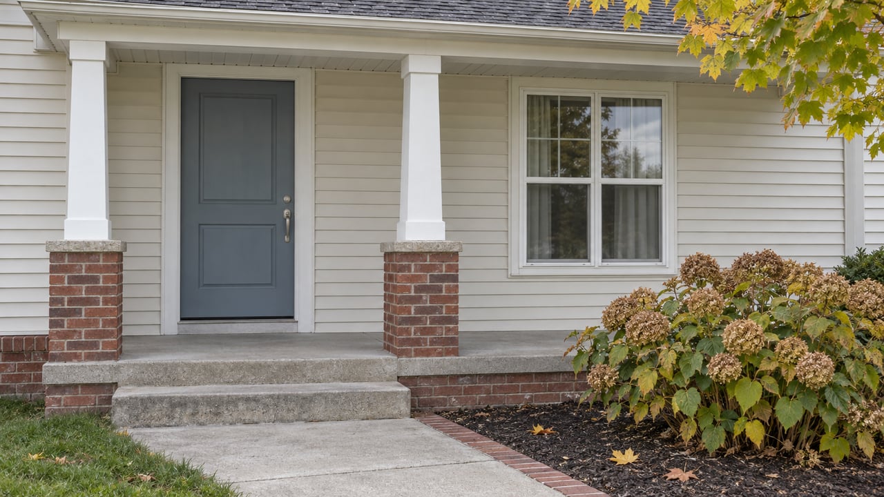 Close view of an ivory-sided home's covered front porch with a blue-gray door, brick column bases, concrete steps and autumn hydrangea.