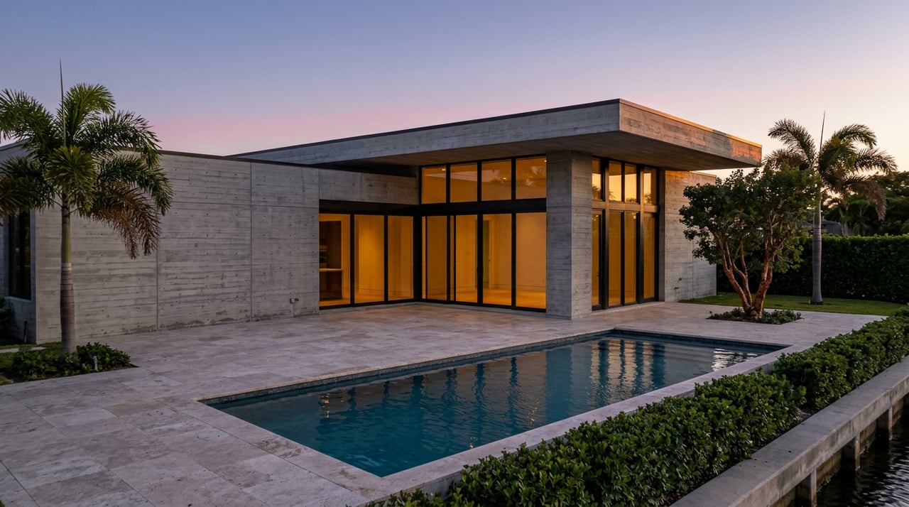 Flat-roof concrete home glowing through floor-to-ceiling windows beside a rippling pool and canal at dusk.