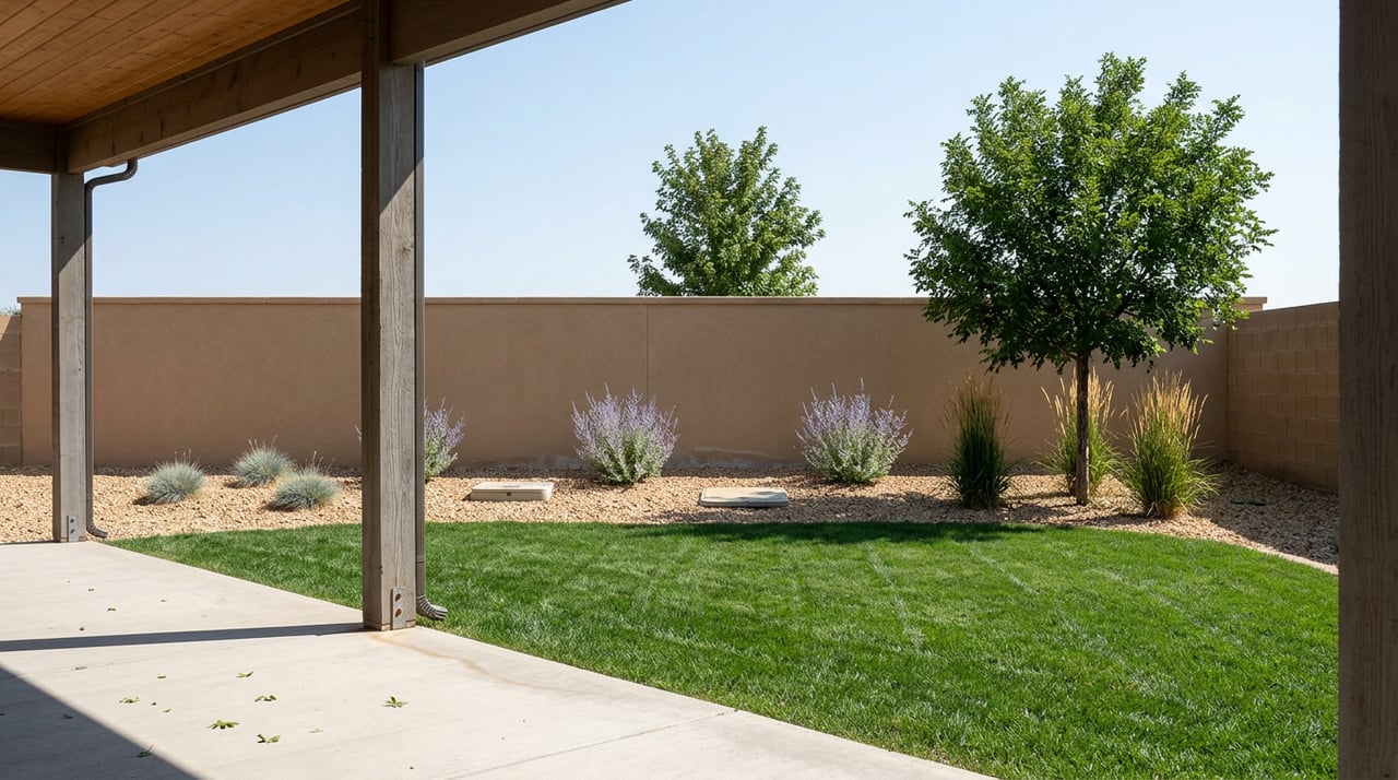 Patio overlooking a striped green lawn and gravel garden, with upright grasses, silver-blue plants, and a canopy tree.