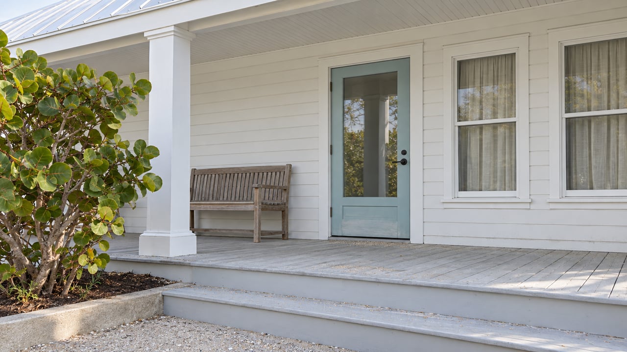 White clapboard home with a pale metal porch roof, aqua glazed entry door, weathered teak bench and sea grape beside shell-aggregate steps.