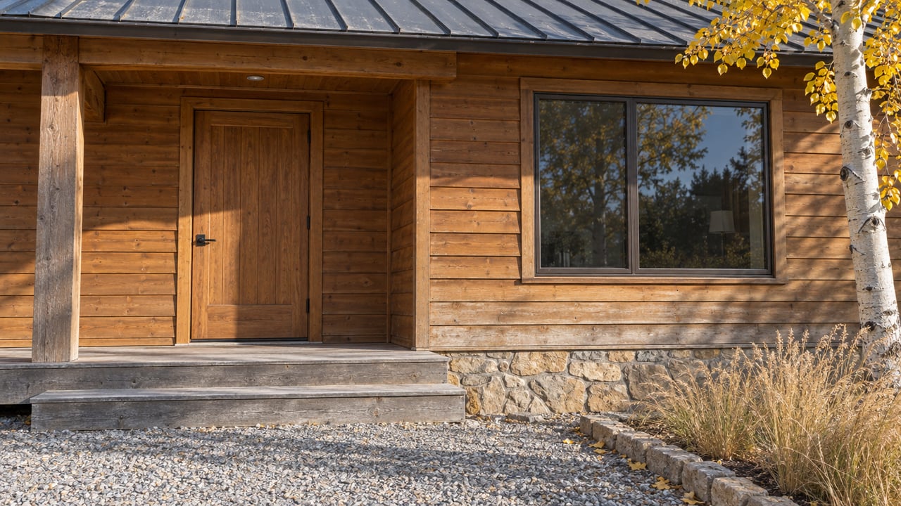 Weathered cedar cabin entry with a shaded timber porch, stone foundation, gravel approach, and a yellow-leaved quaking aspen.