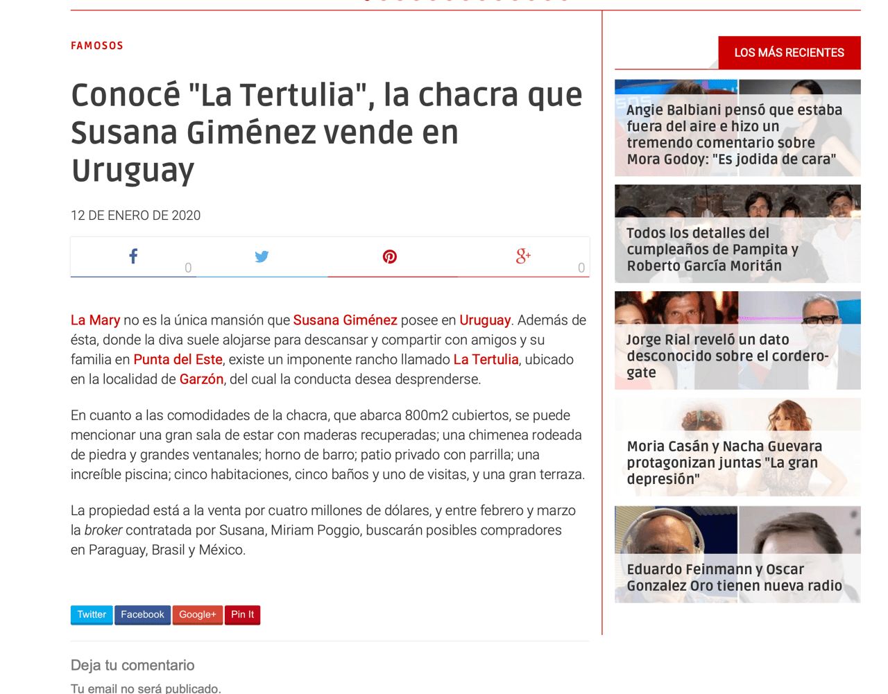 Conocé "La Tertulia", la chacra que Susana Giménez vende en Uruguay