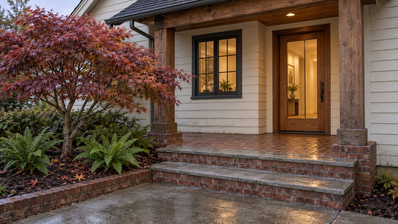 Covered entry with cream wood siding, an oak door, brick steps and a Japanese maple after rain.