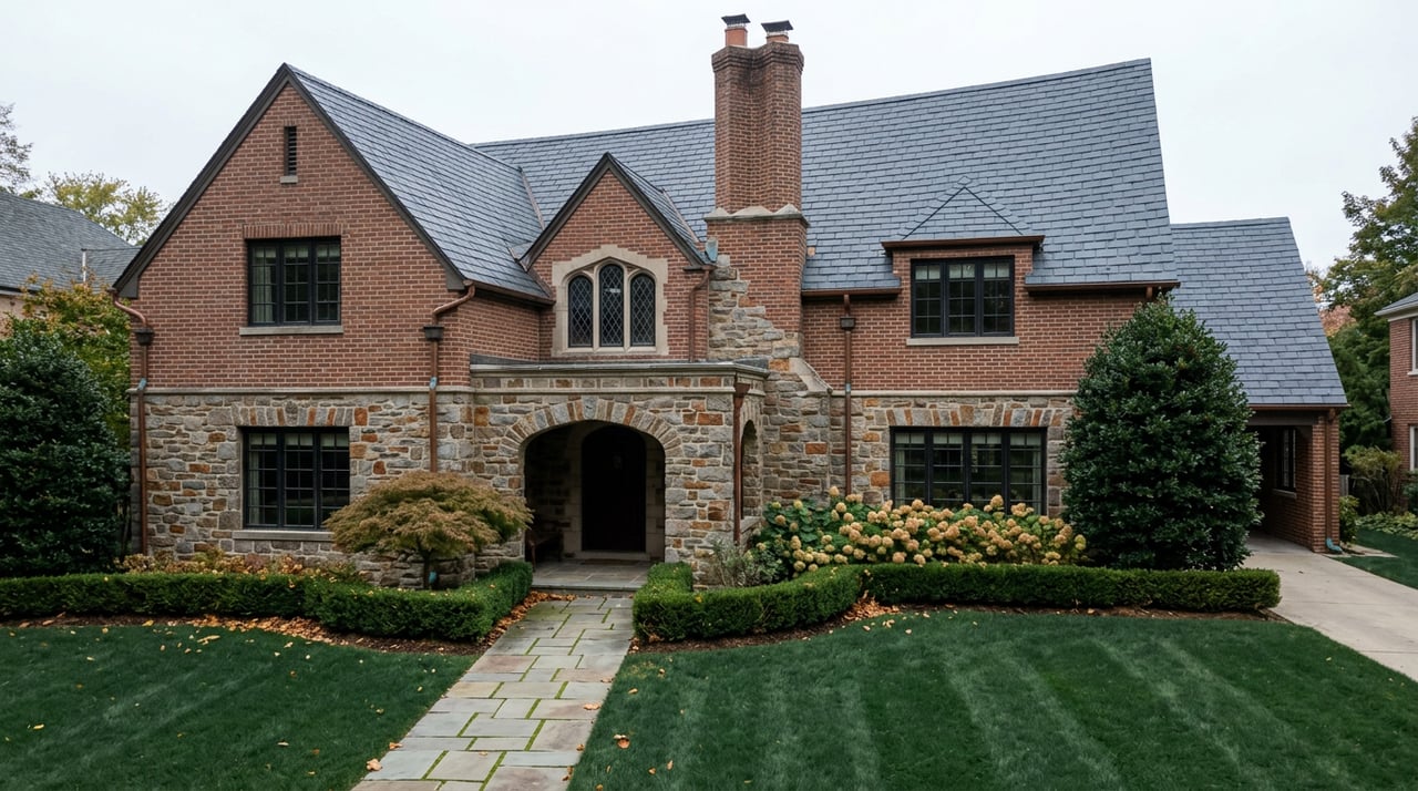 Stone-and-brick Tudor-style house with steep gabled roof, chimney, arched entry, clipped hedges, and flagstone walkway.