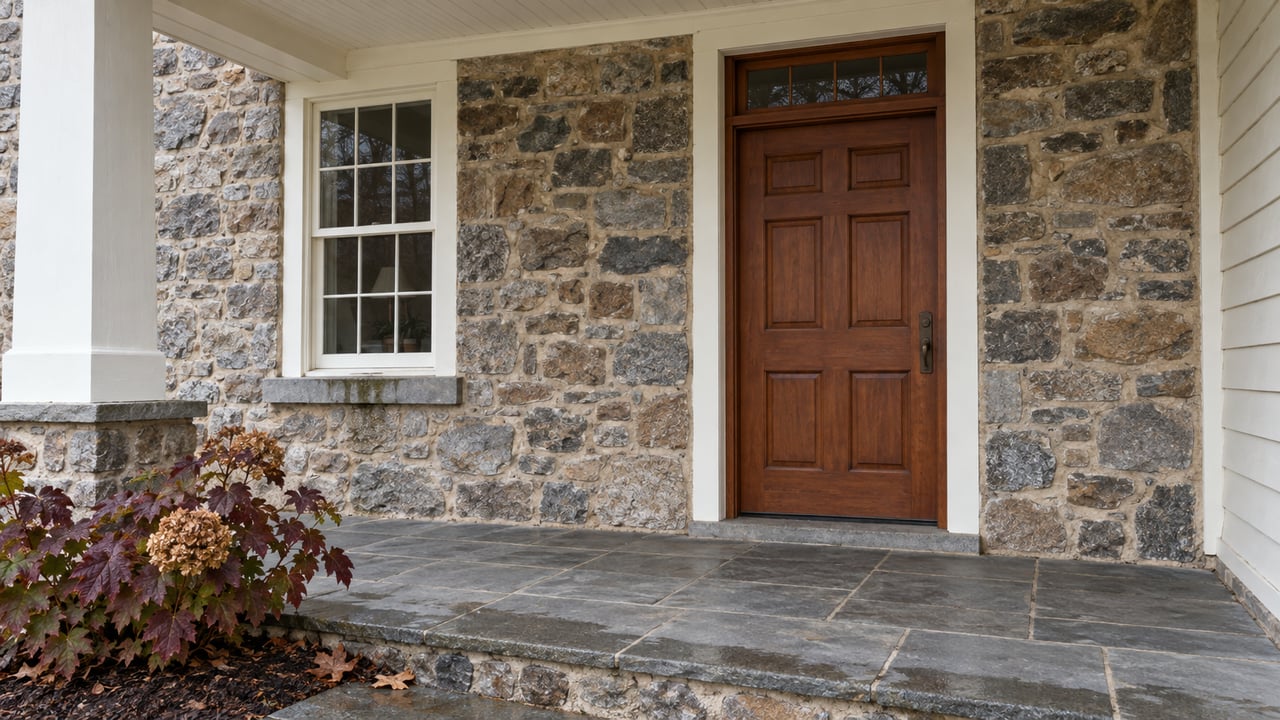 Covered farmhouse entrance with a chestnut door, fieldstone walls, worn flagstone porch and burgundy oakleaf hydrangea.