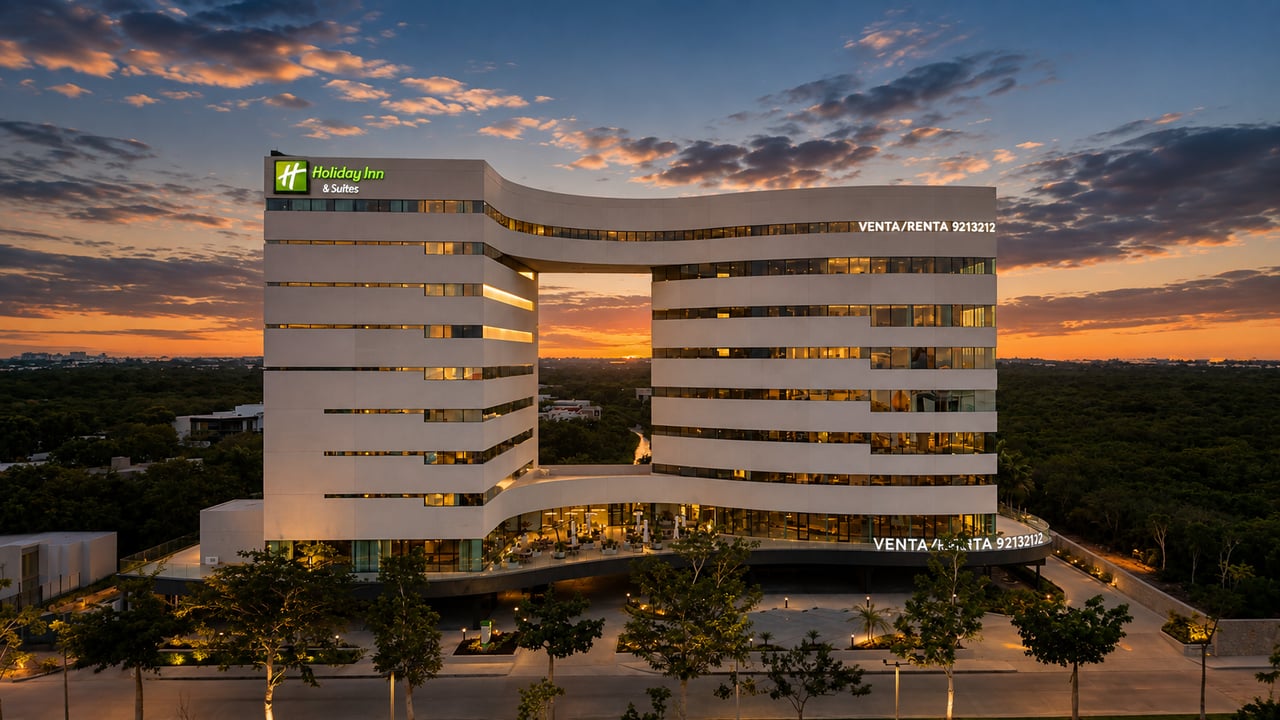 Modern office building at sunset, with curved façades, illuminated windows, and Holiday Inn & Suites signage.