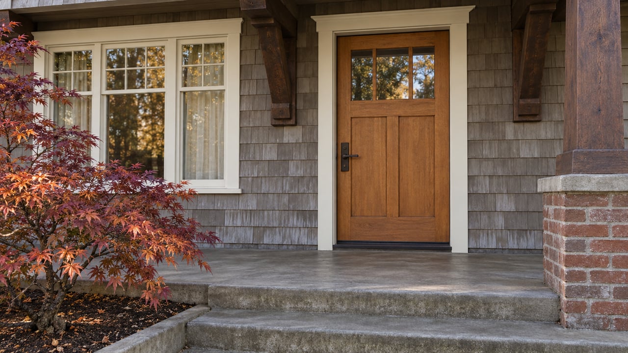 Covered entry with cedar shingles, a honey-brown wood door, brick porch pier and copper-colored Japanese maple leaves.
