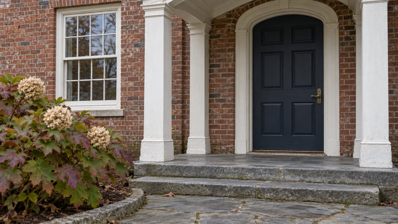 Brick home entry with a white arched portico, navy door, divided-light window and weathered stone steps beside autumn oakleaf hydrangea.