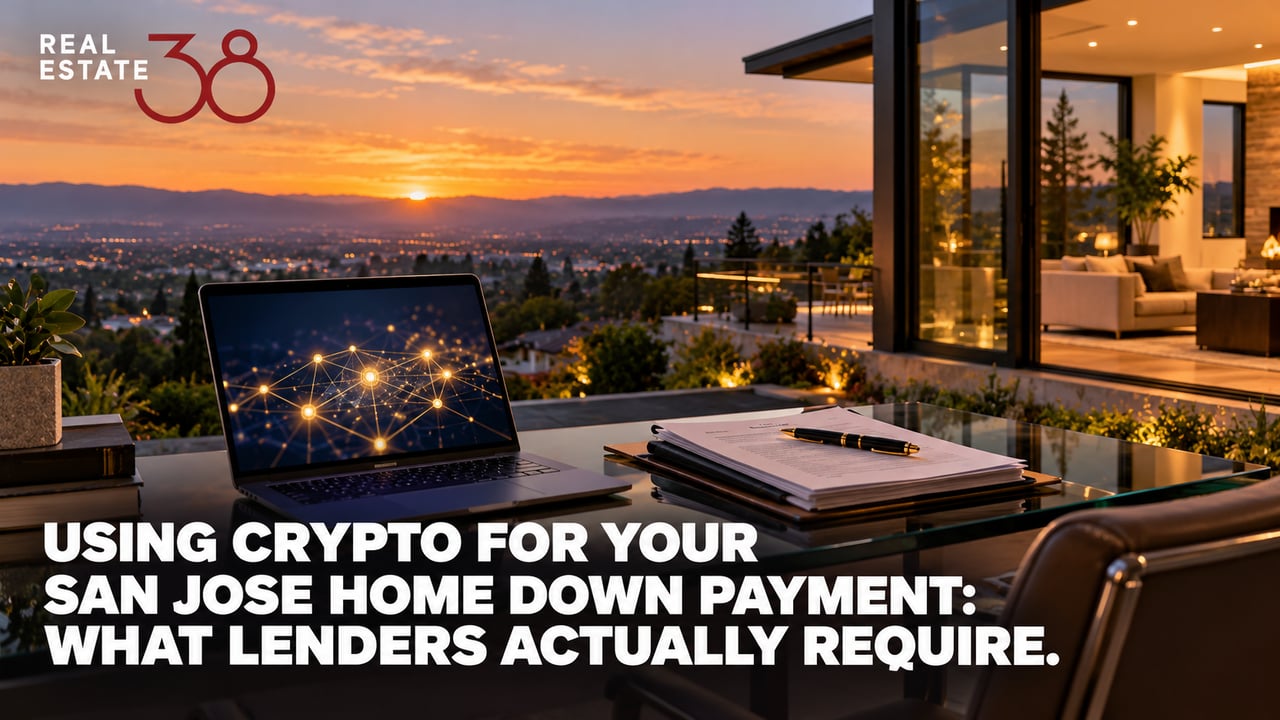 San Jose hillside home at dusk with closing documents beside a laptop showing an abstract digital currency graphic.