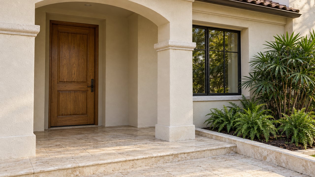 White stucco arched entry with a closed oak door, black-framed window, limestone paving and carefully placed fan palms and ferns.
