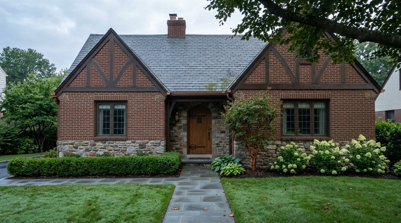 Tudor home with fieldstone base, brick and oak half-timbering, arched door, and dew-damp bluestone path.