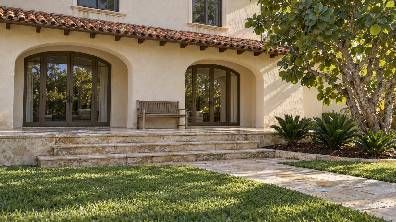 Sunlit stucco home with terracotta roof tiles, glazed veranda arches, limestone steps, and a sea grape tree beside an open lawn.
