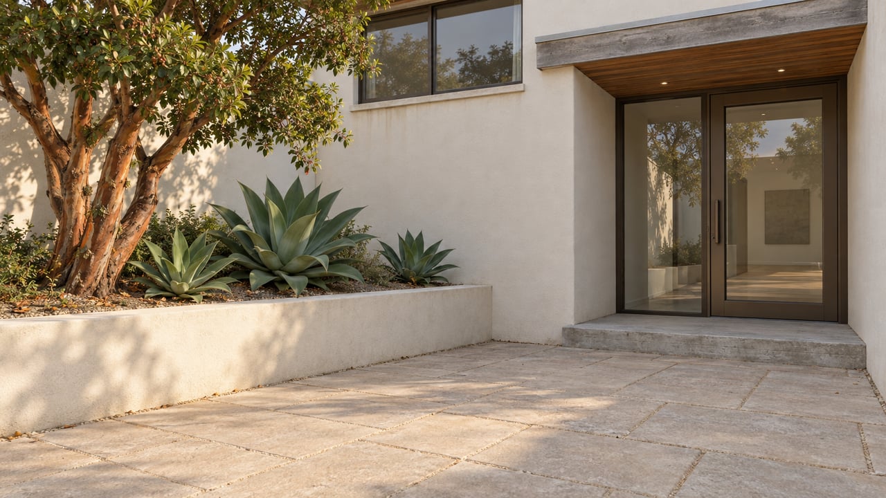 Sunlit pale-stucco townhome entrance with bronze-framed glazing, cedar soffit and a raised planting bed beside a paved court.