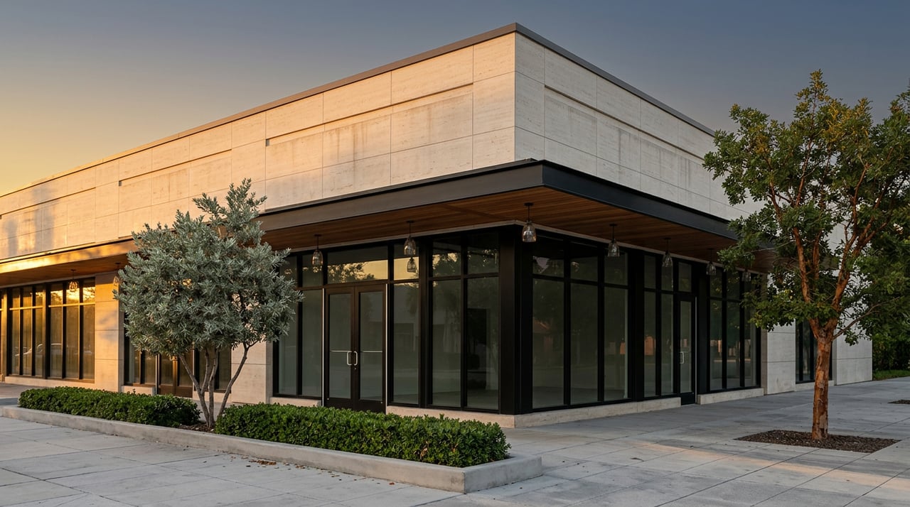 Two-story corner storefront with pale stone cladding, a wood-slat canopy, and leafy trees in warm dusk light.