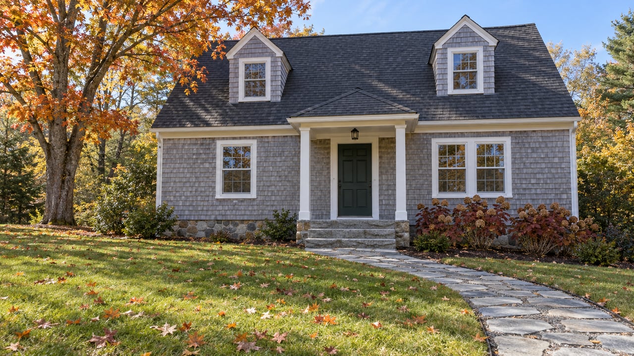 A cedar-shingled cottage with a green front door, granite steps and an autumn sugar maple beside a deep front lawn.