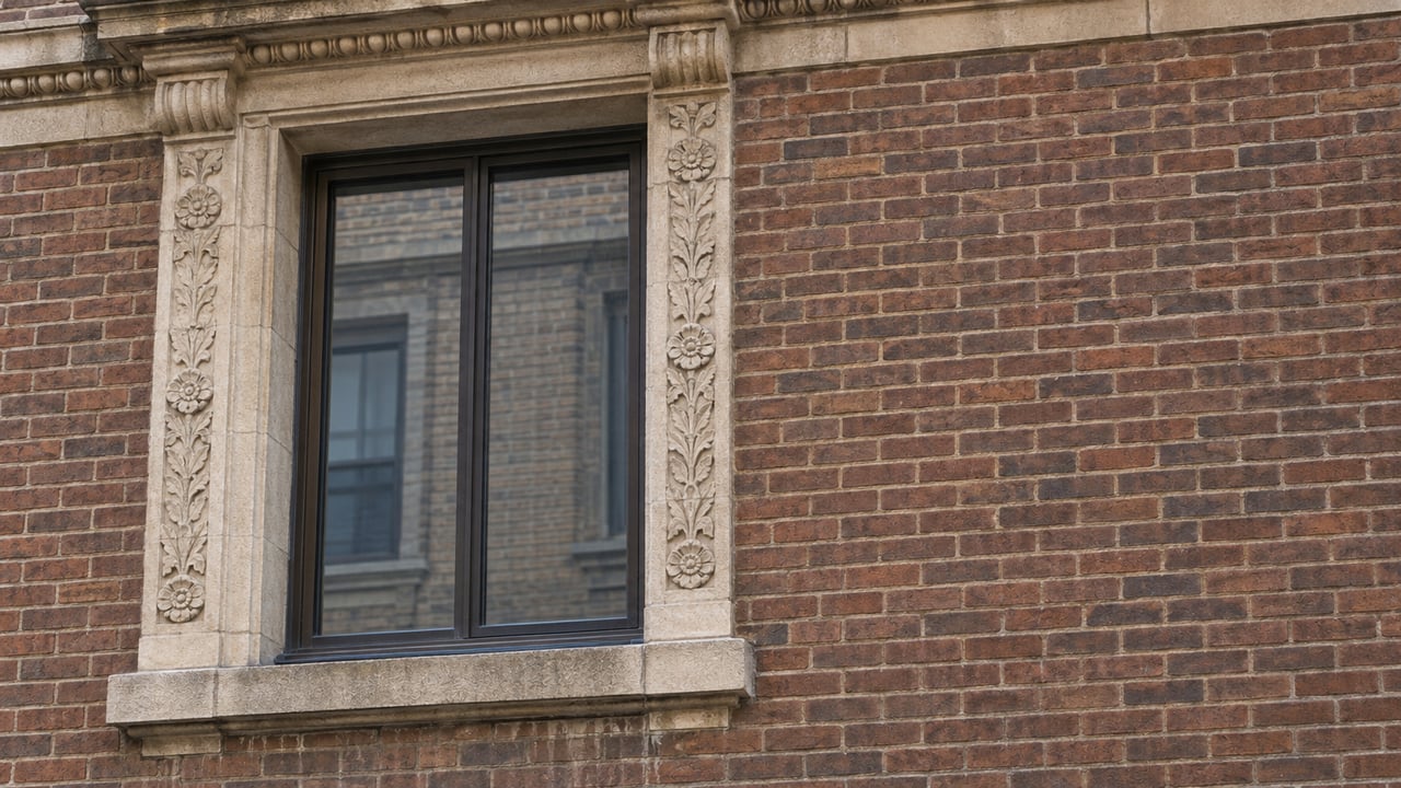 Recessed second-floor window with carved limestone surround in a brown-red brick facade.