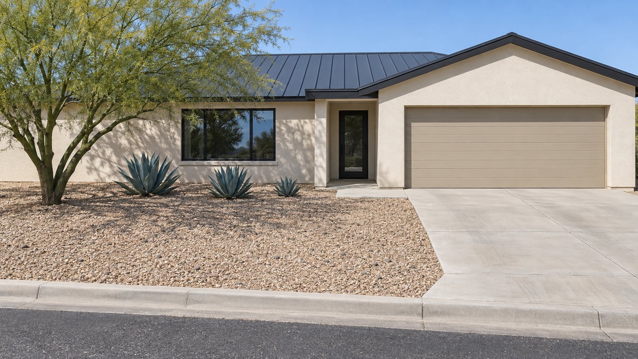 Cream stucco home with a charcoal roof, dark-framed windows, a broad concrete driveway and a gravel yard planted with a blue palo verde and three agaves.