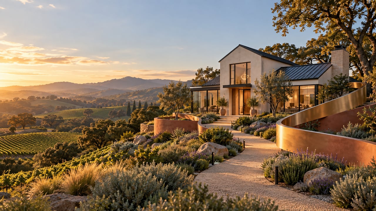 Modern vineyard home with a winding garden path and rolling hills at sunset.