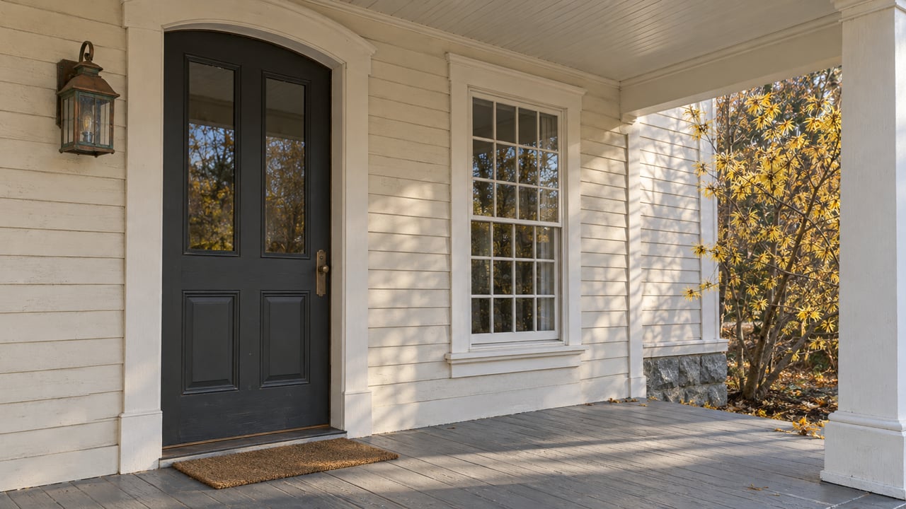 Morning light across a painted timber porch with an arched door surround, multipane window and autumn witch-hazel leaves.