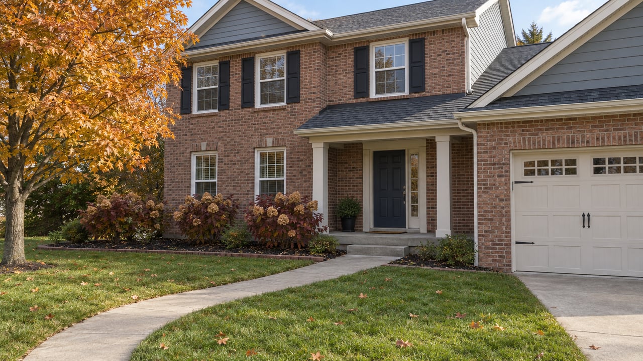 A brick-front two-story home behind a deep lawn, with an amber sugar maple and burgundy oakleaf hydrangeas in soft autumn sunlight.
