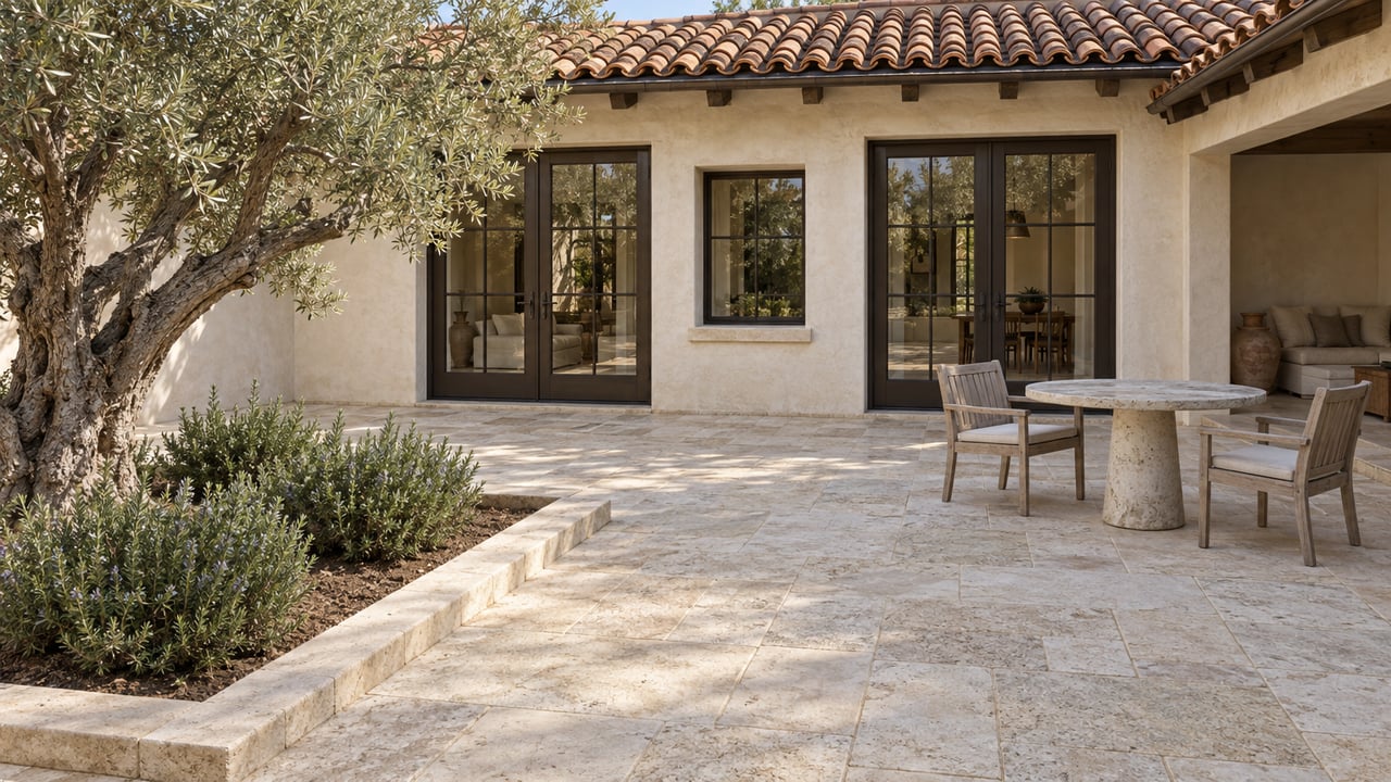 Sunlit stucco home with terracotta roof, bronze-framed glass doors, limestone courtyard, teak chairs and a sculptural olive tree.