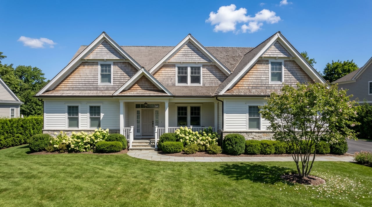 Two-story shingle-style home with intersecting gables, white porch, stone base, curved walkway, and landscaped lawn.