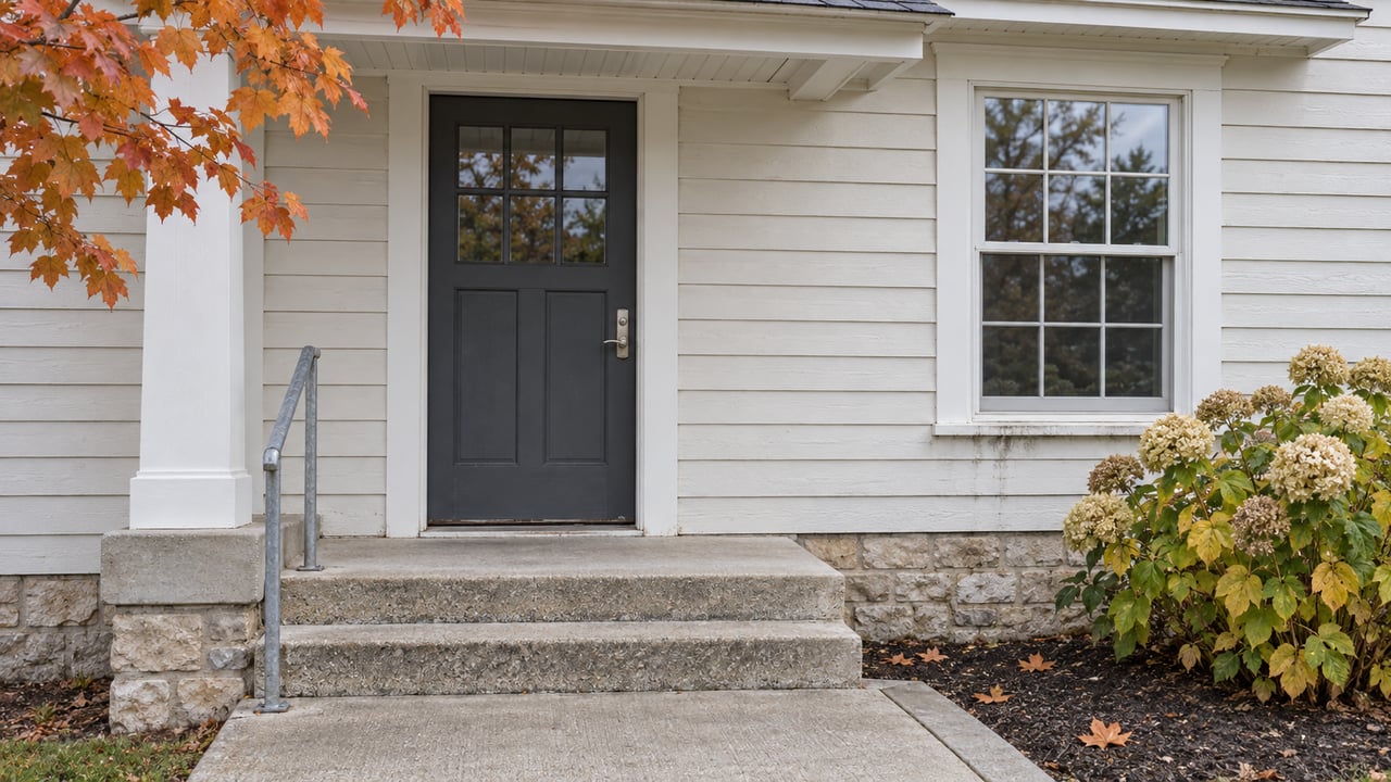White-sided house with a covered gray front door, divided-light window, concrete steps and faded hydrangea flowers in autumn daylight.