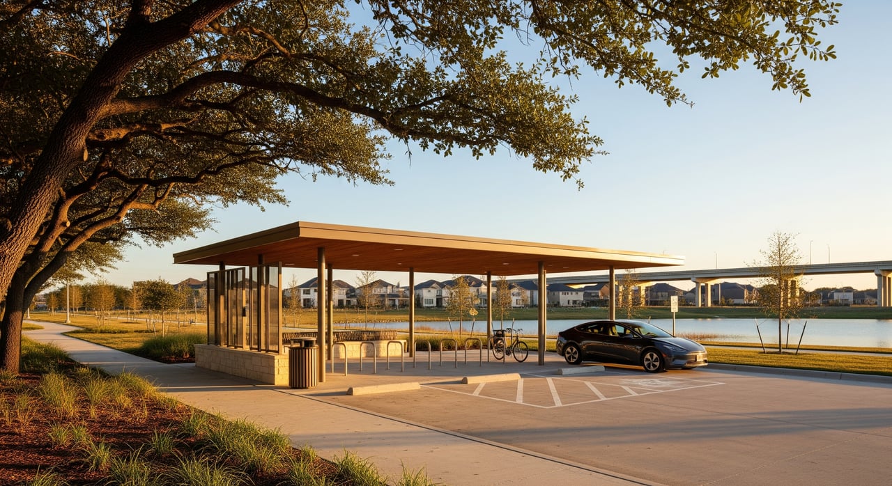 Modern riverside pavilion with a parked car, bicycle, and broad tree canopy overhead.