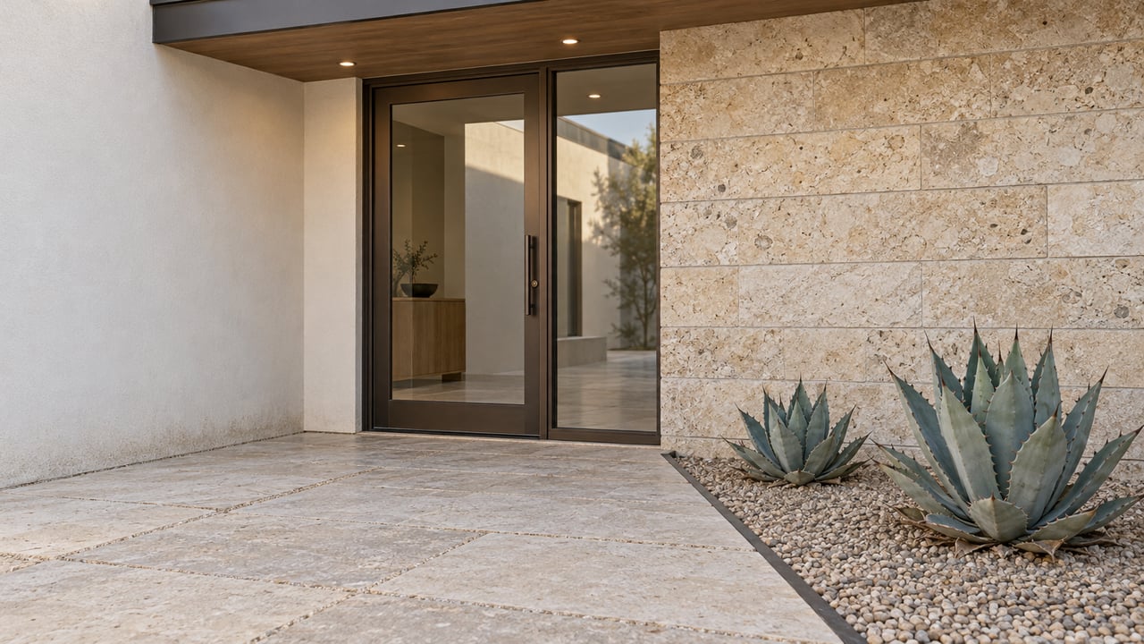 Close view of a pale stucco home entry with bronze-framed glass, buff limestone paving and two blue-green agaves in an edged gravel bed.