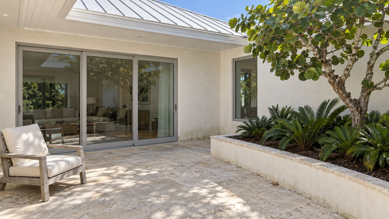 Sunlit cream-stucco coastal home opening onto a limestone terrace with a weathered teak chair and sea grape tree.