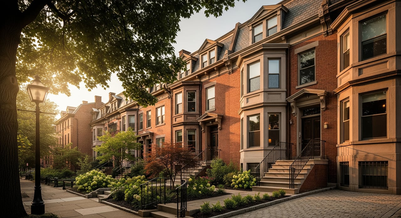 Red-brick row houses with bay windows line a landscaped sidewalk beneath a leafy tree at sunset.