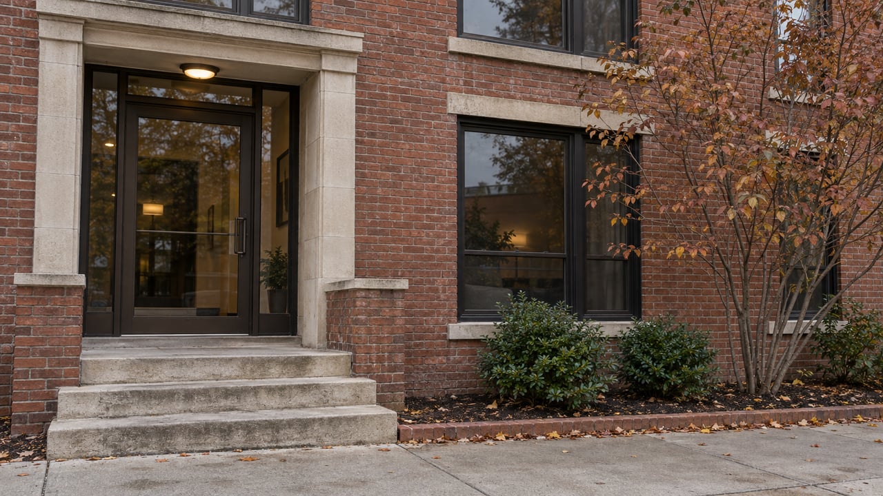Brick residential building with a recessed glass entry, limestone steps, and fall-colored tree beside a window.