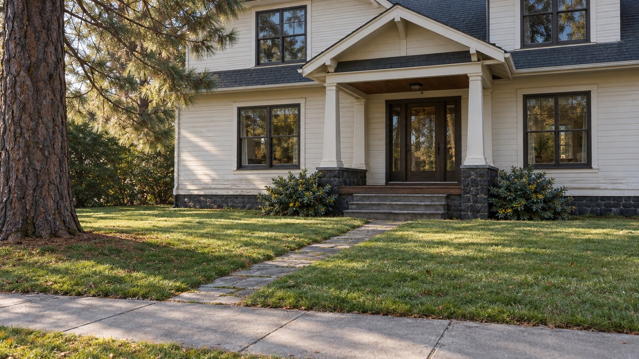 Two-story off-white house behind a broad lawn, with a stone path, front porch, and pine tree at left.