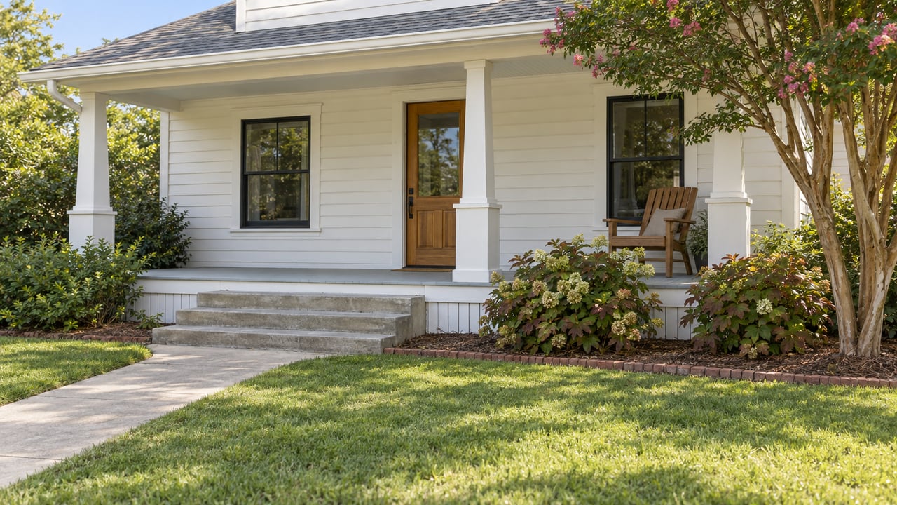 A white-sided home with a shaded front porch, wood entry door and concrete walk crossing an established lawn.