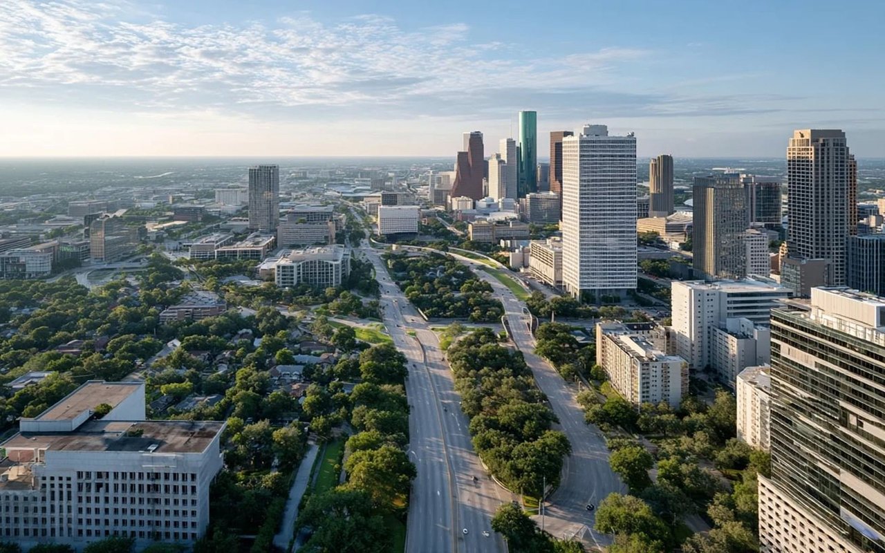 Aerial view of downtown high-rises beyond a broad road and tree-lined neighborhoods.