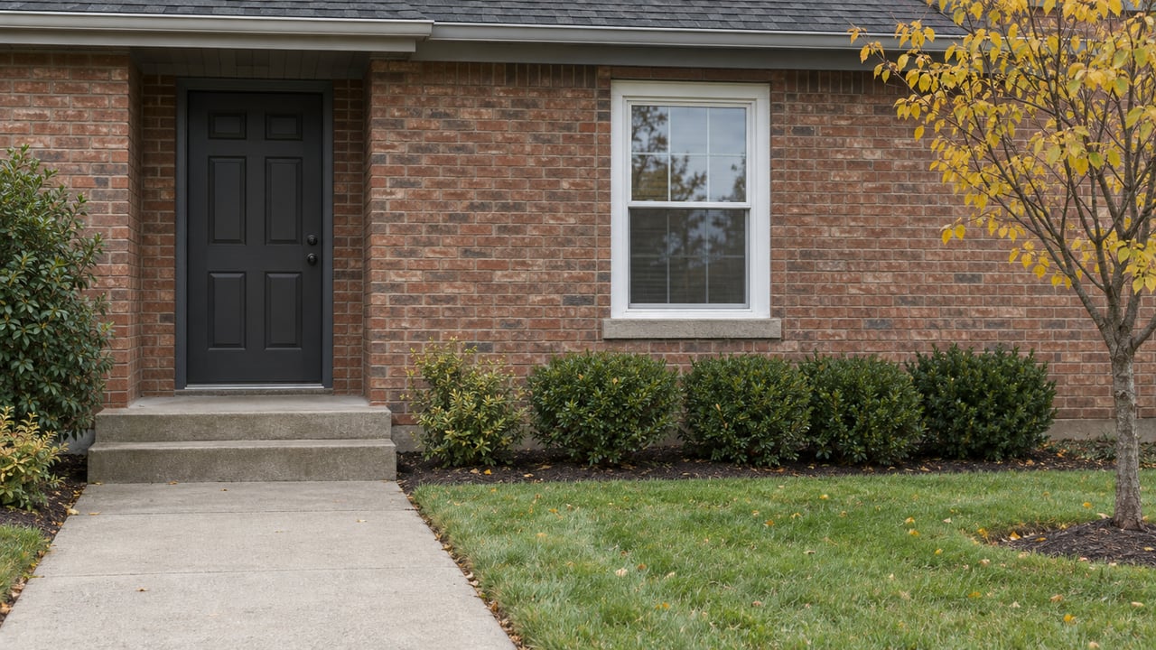 Red-brown brick house entrance with a dark door, white double-hung window, concrete steps, and a redbud tree.